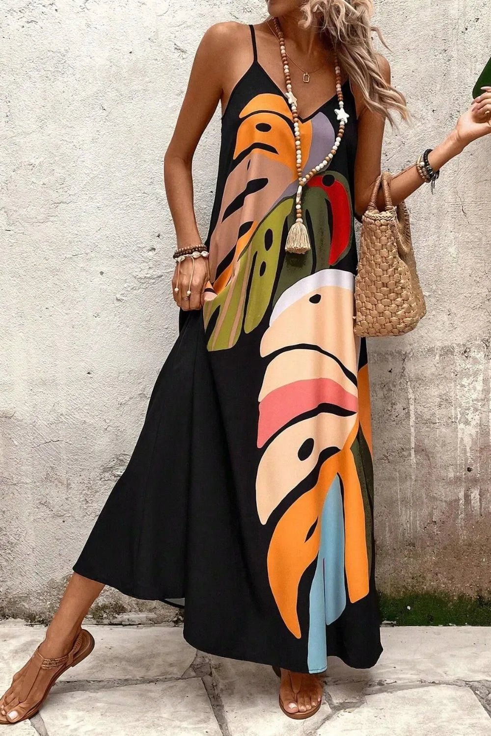 Tropical Leaf Print V-Neck Maxi Cami Dress – | Shannon’s Chique Boutique