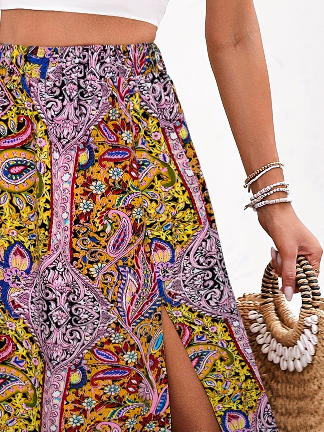 Slit Printed Elastic Waist Skirt - -