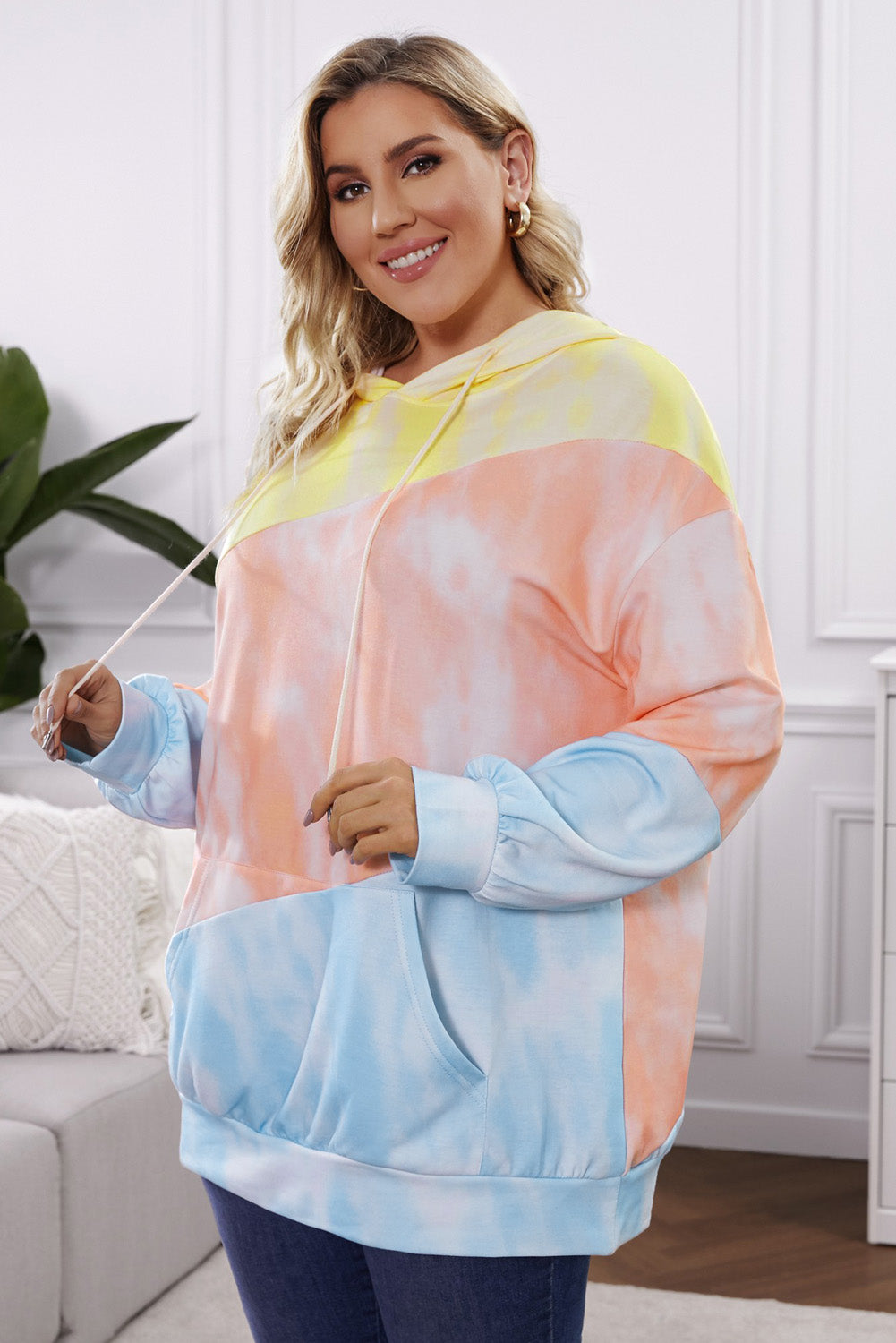 Plus Size Drawstring Color Block Dropped Shoulder Hoodie - Light Blue -