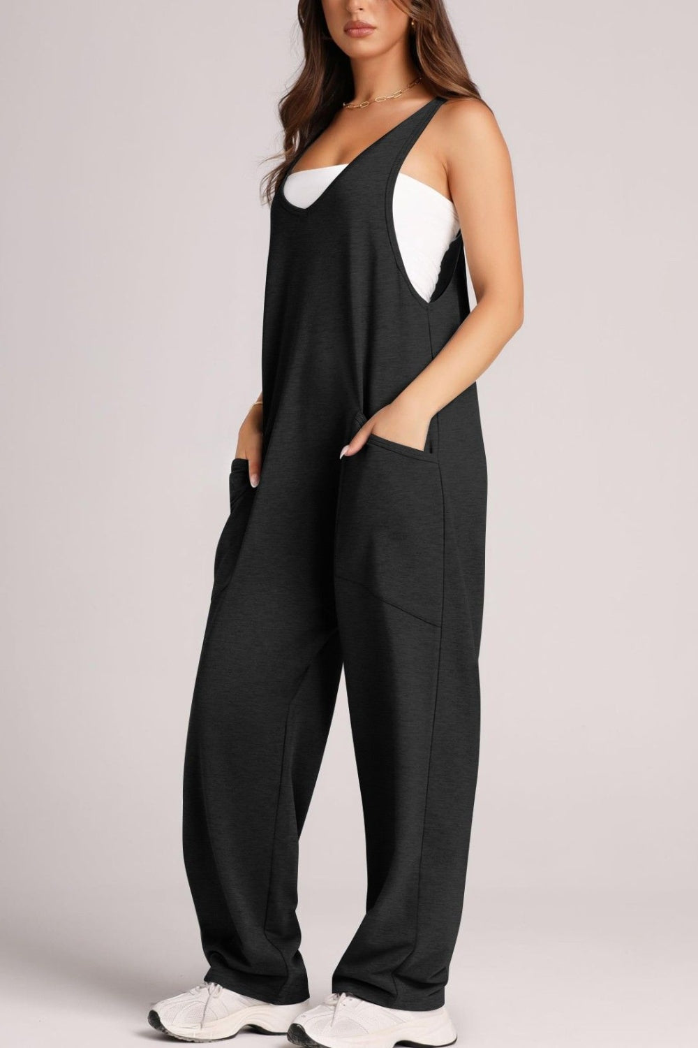 Wide Strap Jumpsuit with Pockets - -