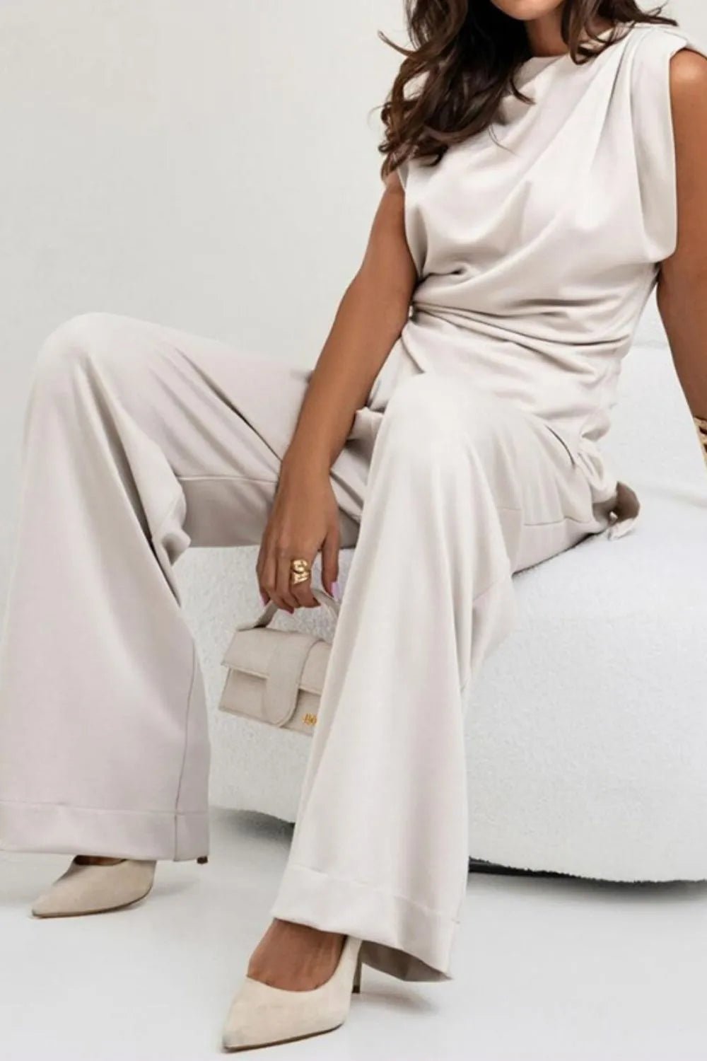 Luxe Asymmetrical Ruched Set - Elevated Wide-Leg Ensemble - -