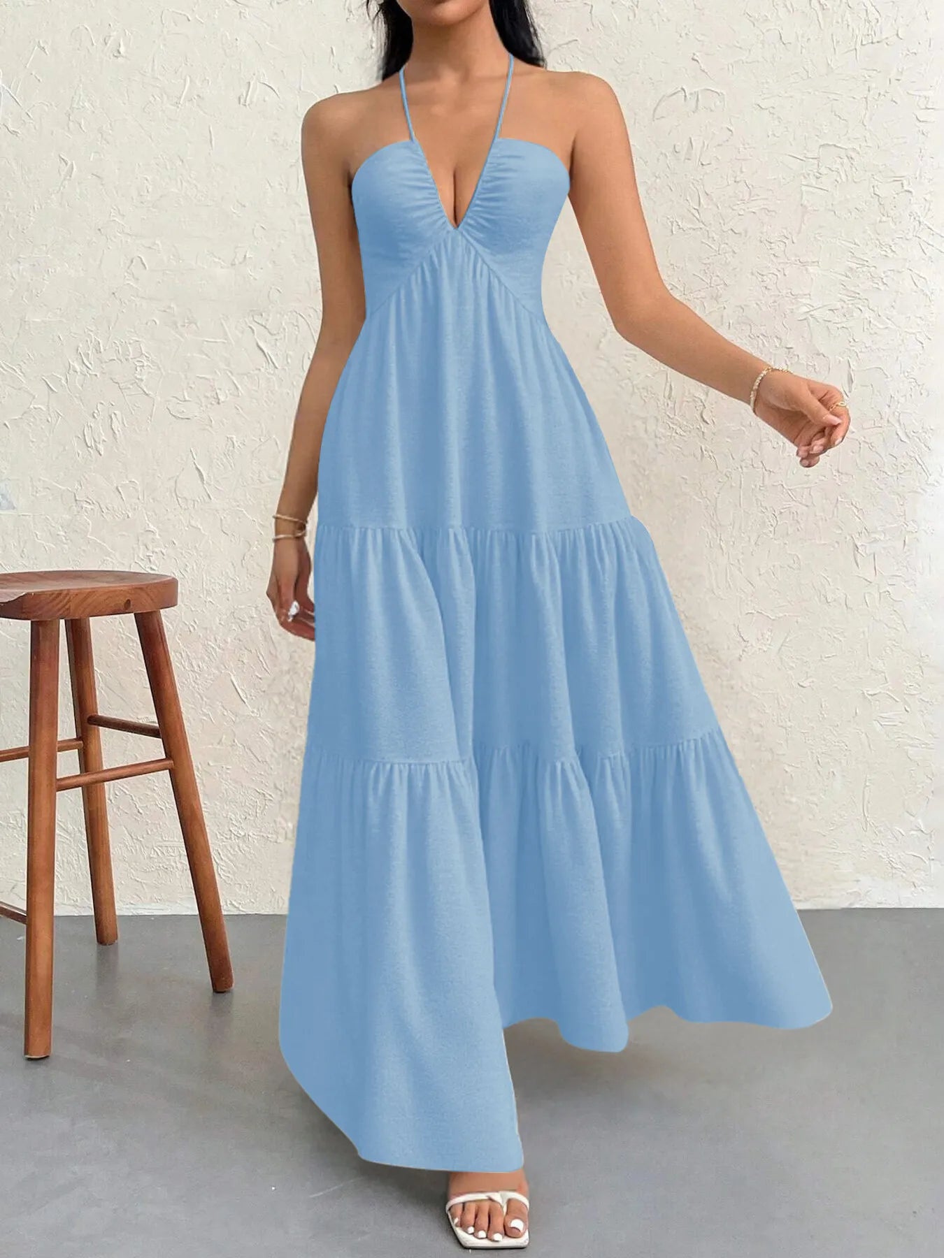 Luxe Halter Tiered Maxi Dress - Elevated Backless Statement - Blue -