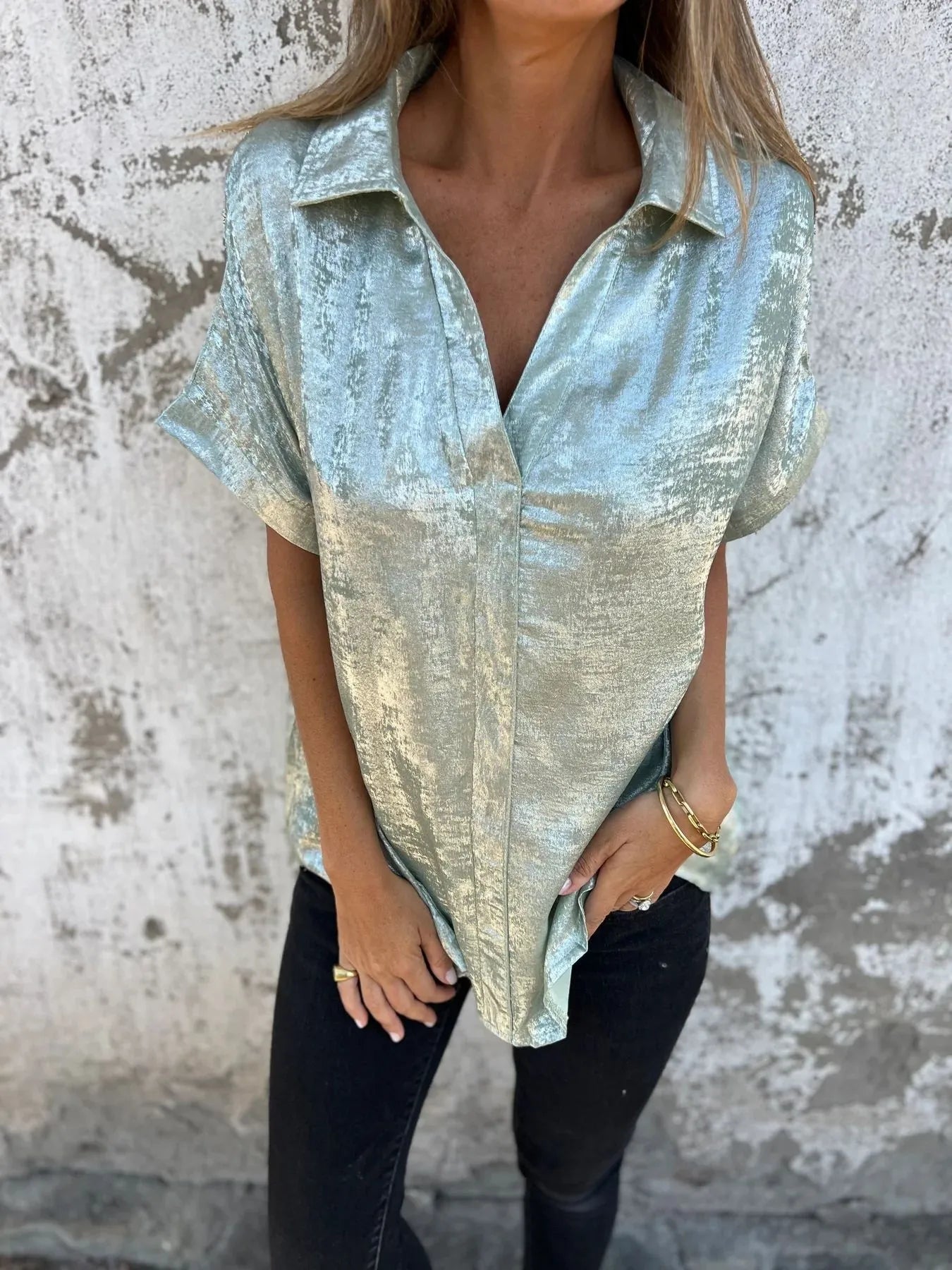 Shannon's Chique Boutique - Plus Size Collared Shirt - Light Green -
