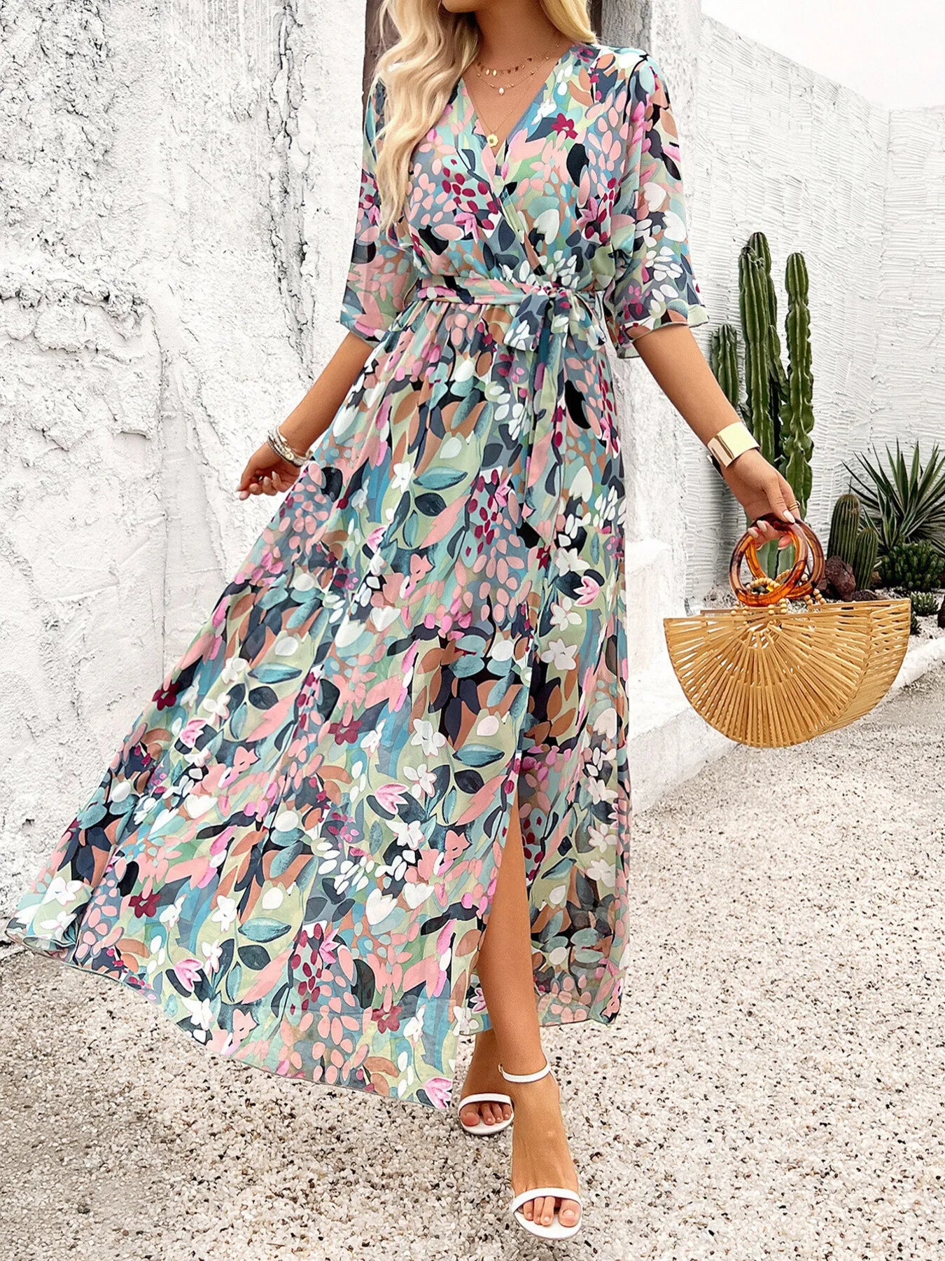 Slit Printed Surplice Half Sleeve Maxi Dress – | Shannon’s Chique Boutique