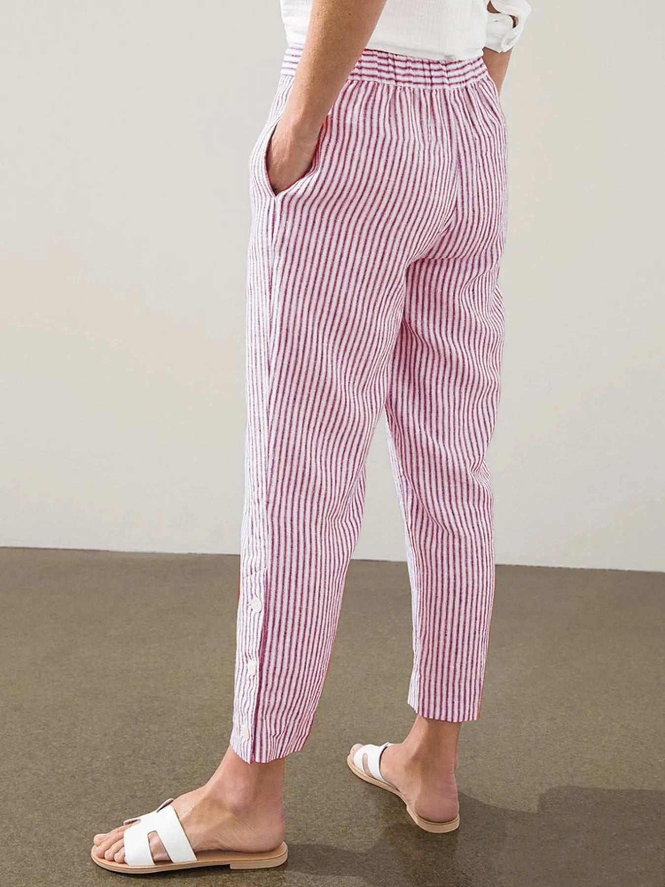 Full Size Striped Side Button Detail Pants Plus Size - -