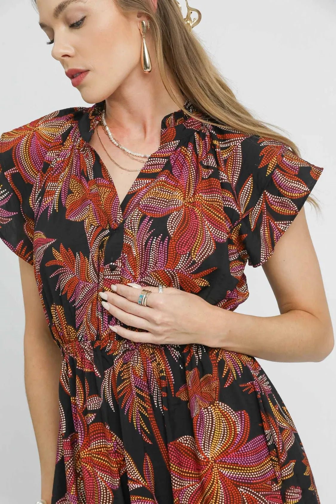 Umgee Mix Ruffle Sleeve Tropical Midi Dress – | Shannon’s Chique Boutique