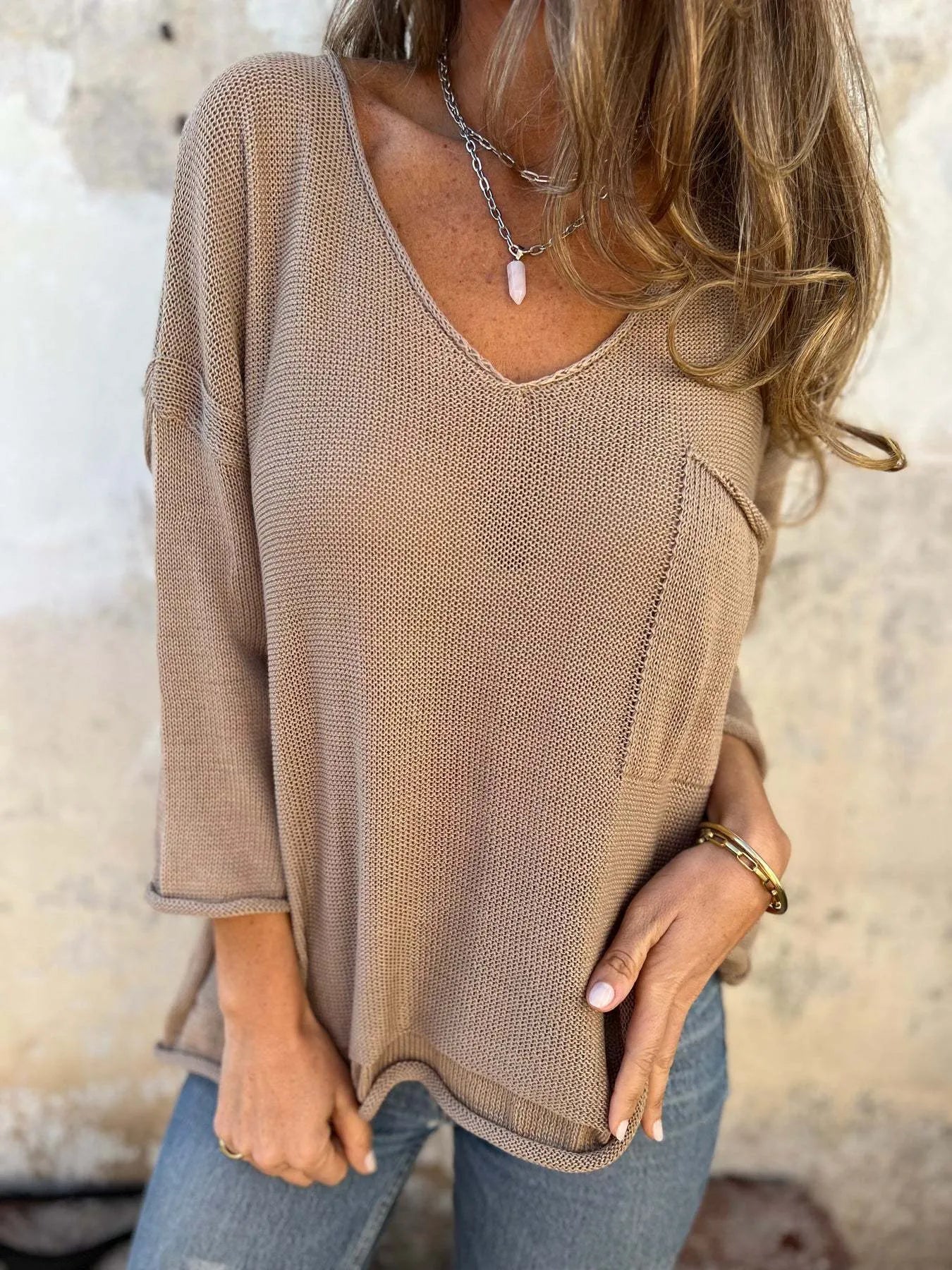 Full Size Casual V-Neck Knit Sweater Plus Size - Mocha -