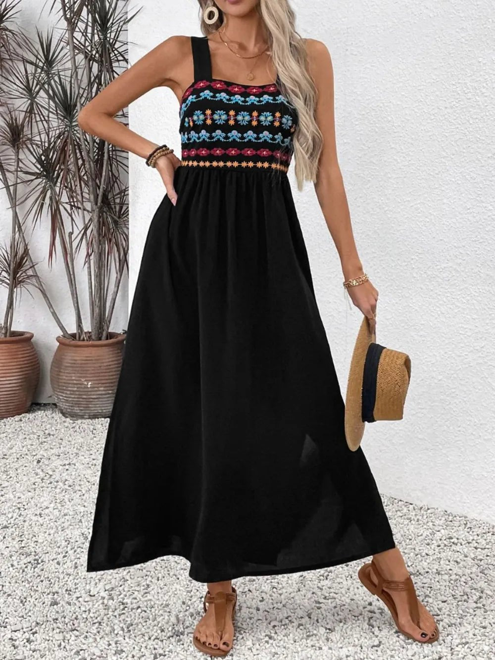 Perfee Embroidered Floral Side Slit Sleeveless Midi Dress - -