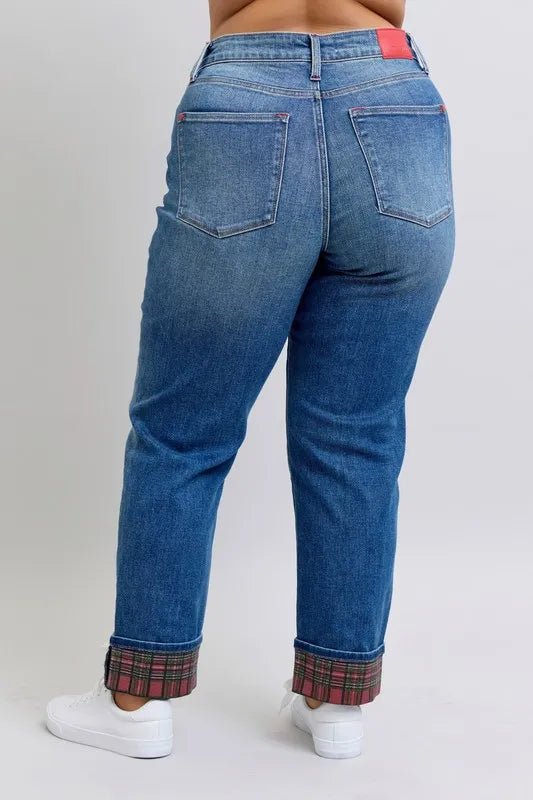 Judy Blue Full Size Mr Plaid Print Cuff Bf Jeans Plus Size – | Shannon’s Chique Boutique