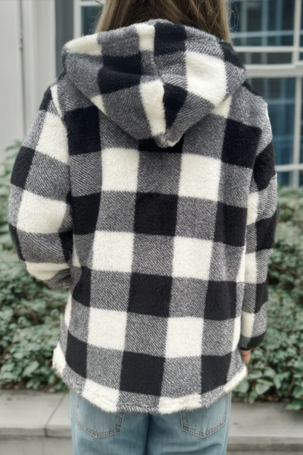 Double Take Full Size Plaid Long Sleeve Hooded Coat - -