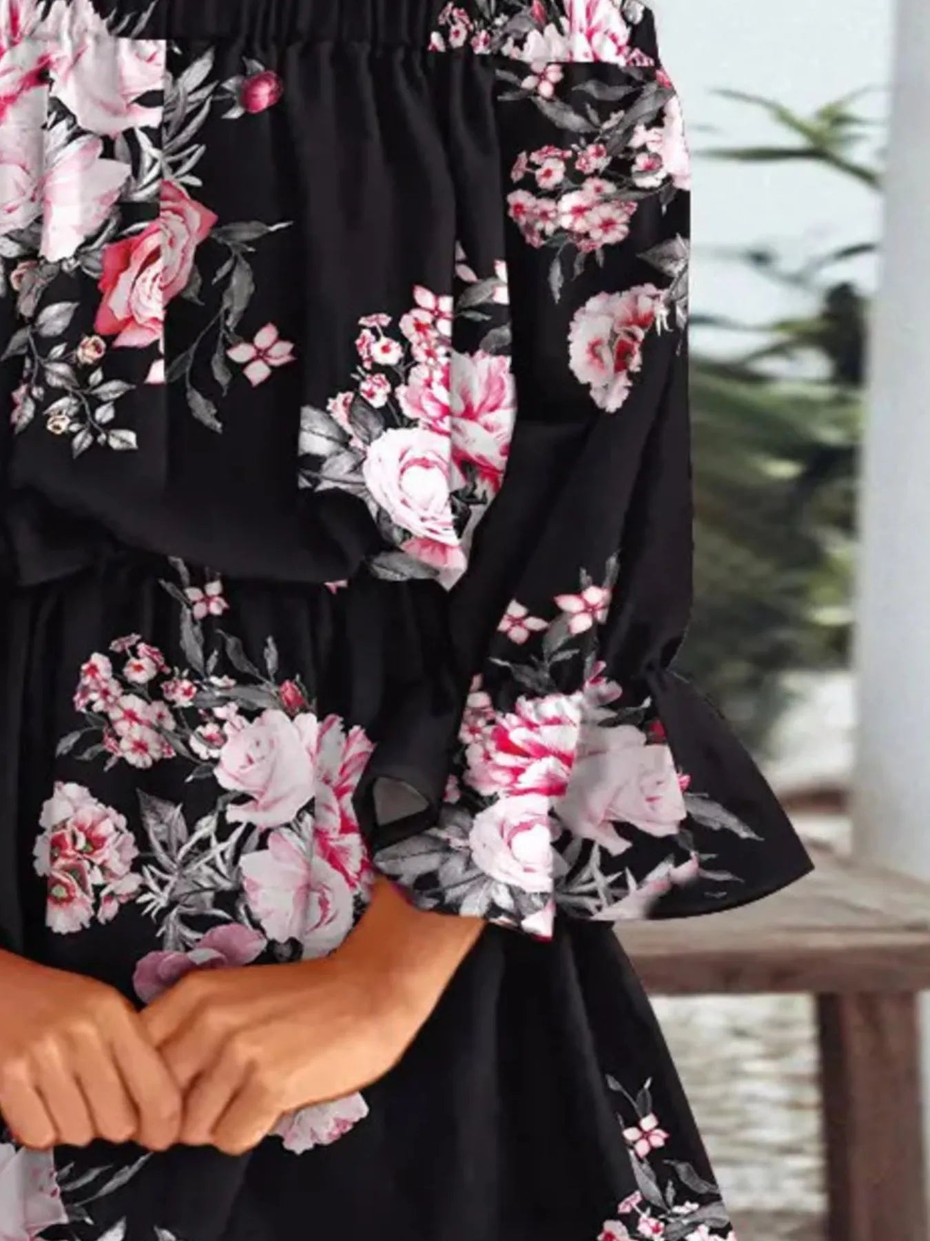 Full Size Floral Off-Shoulder Flounce Sleeve Mini Dress Plus Size - -