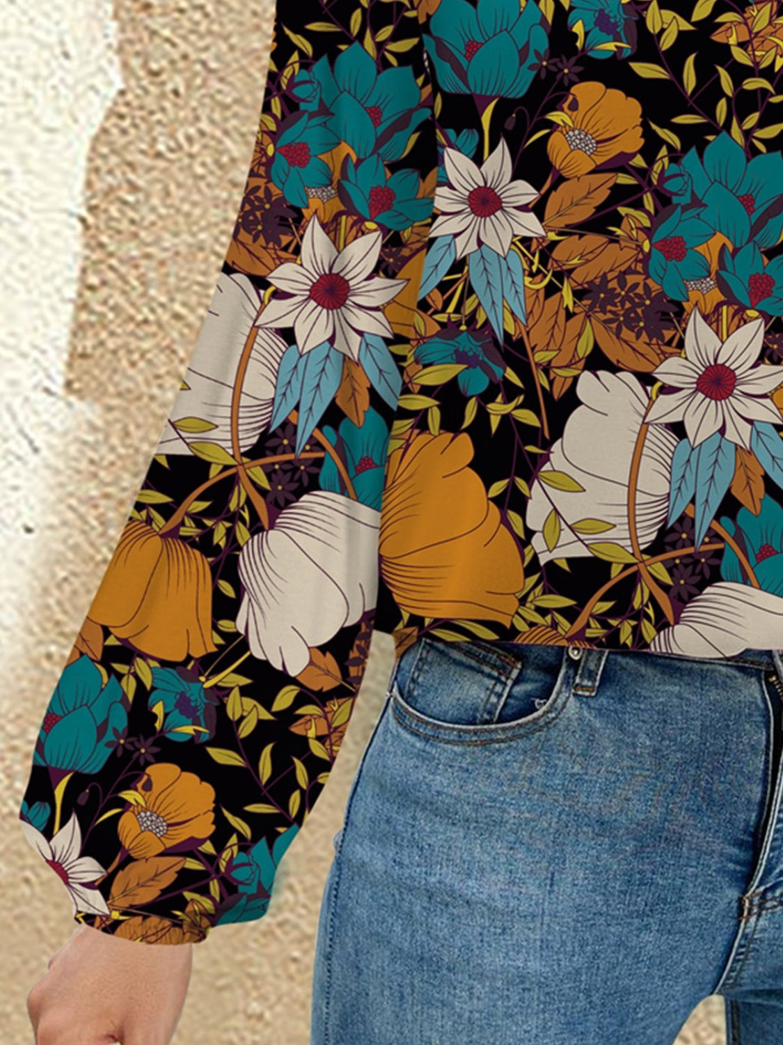 FAM-FAM Printed Notched Long Sleeve Blouse - -