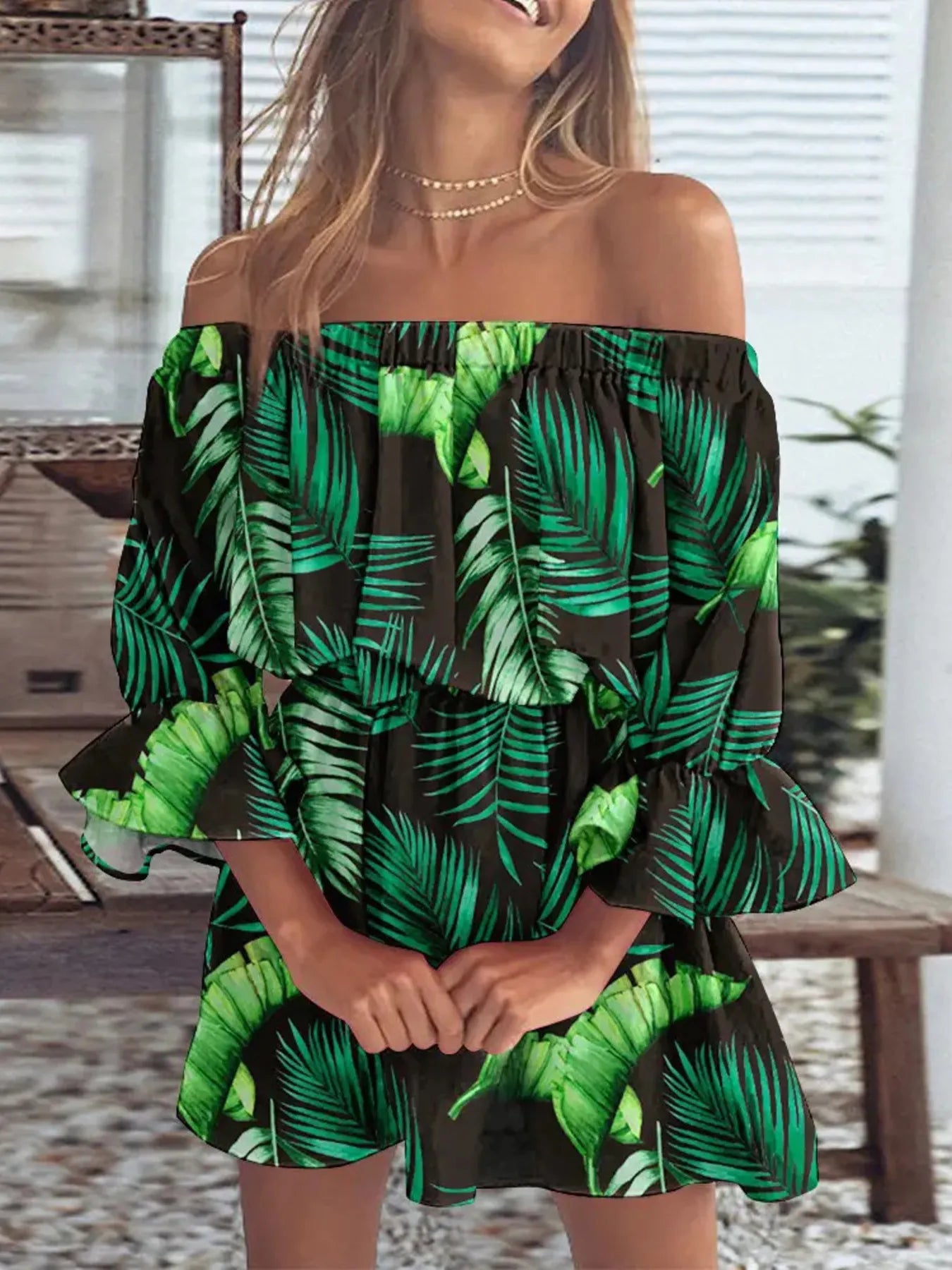 Full Size Floral Off-Shoulder Flounce Sleeve Mini Dress Plus Size - Dark Green -