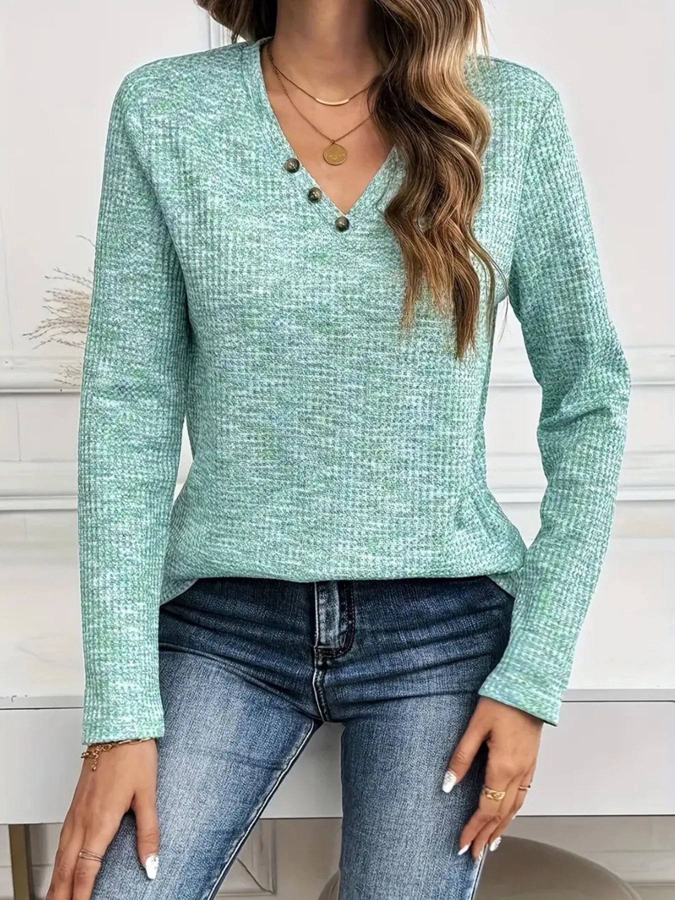 Heathered V-Neck Long Sleeve T-Shirt - -