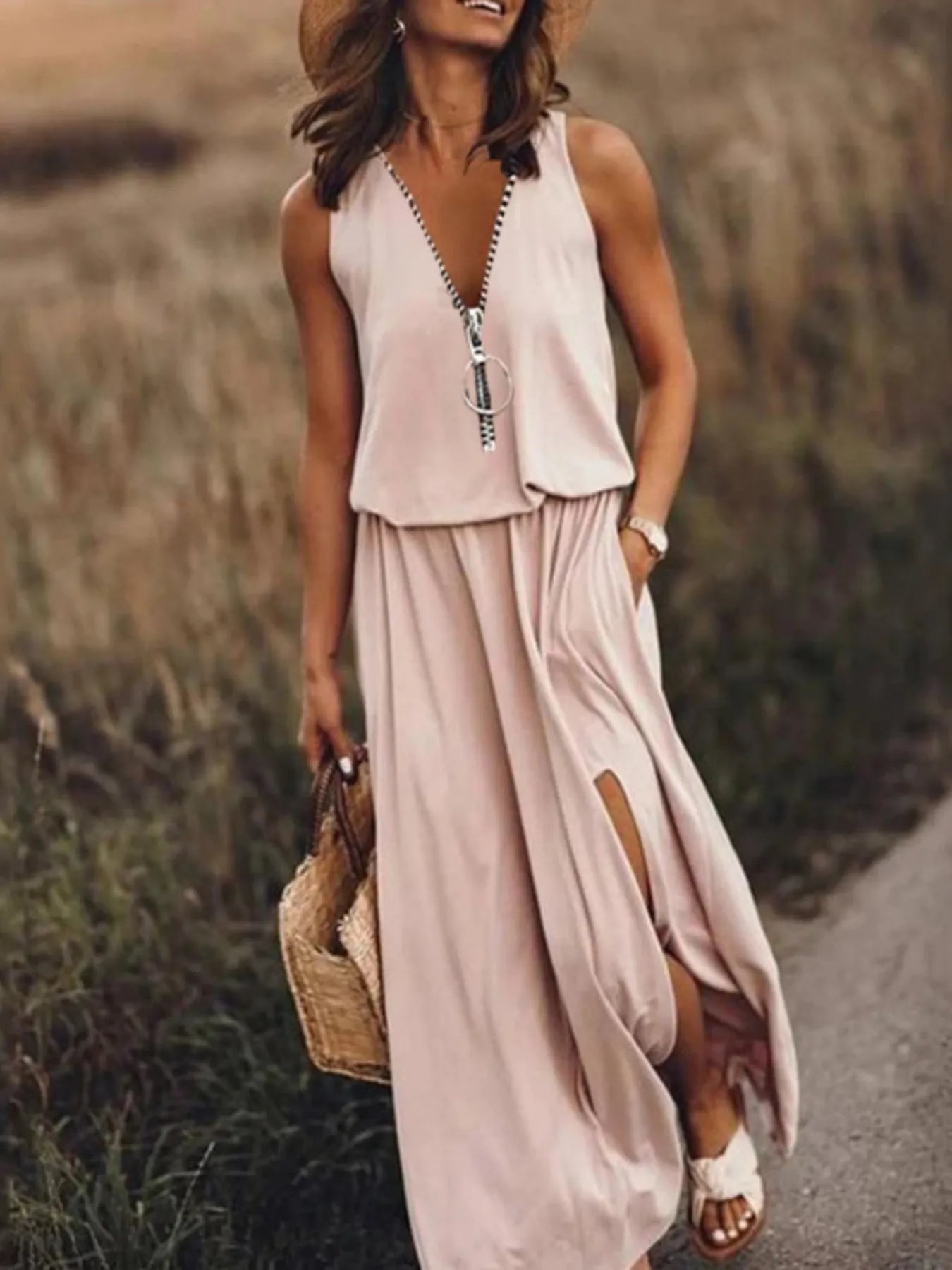 Full Size Half Zip Sleeveless Maxi Dress with Side Slit Plus Size – | Shannon’s Chique Boutique