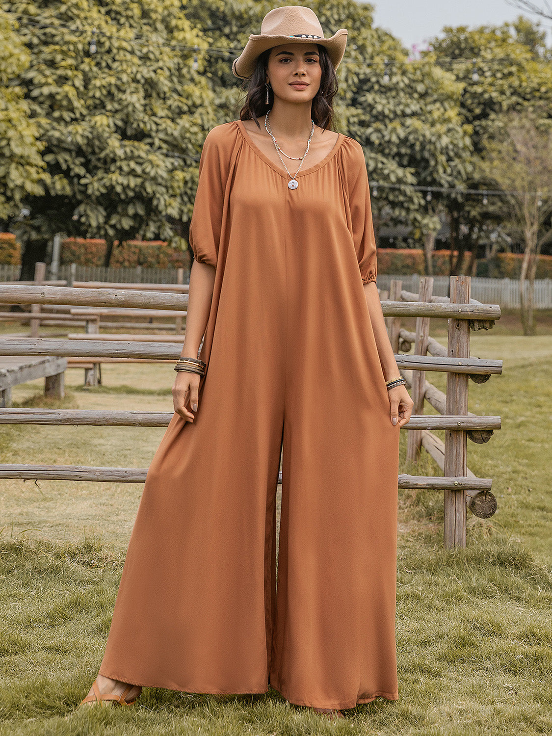 Scoop Neck Half Sleeve Wide Leg Jumpsuit - -