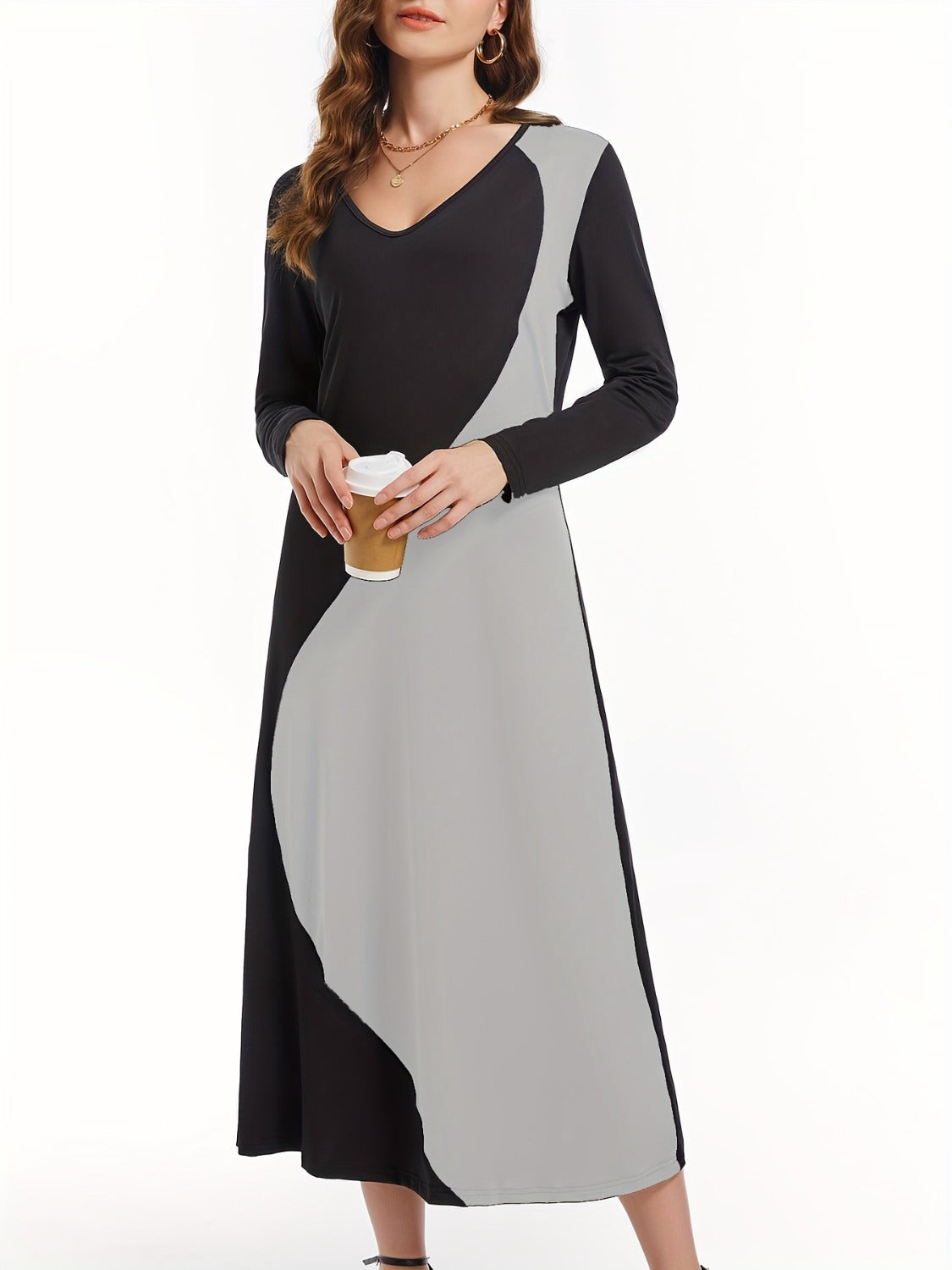 Contrast Long Sleeve Midi Dress - -