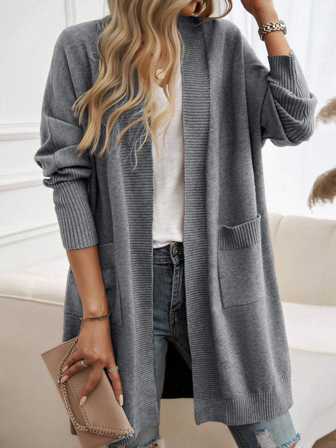 Devine Open Front Long Sleeve Cardigan - -