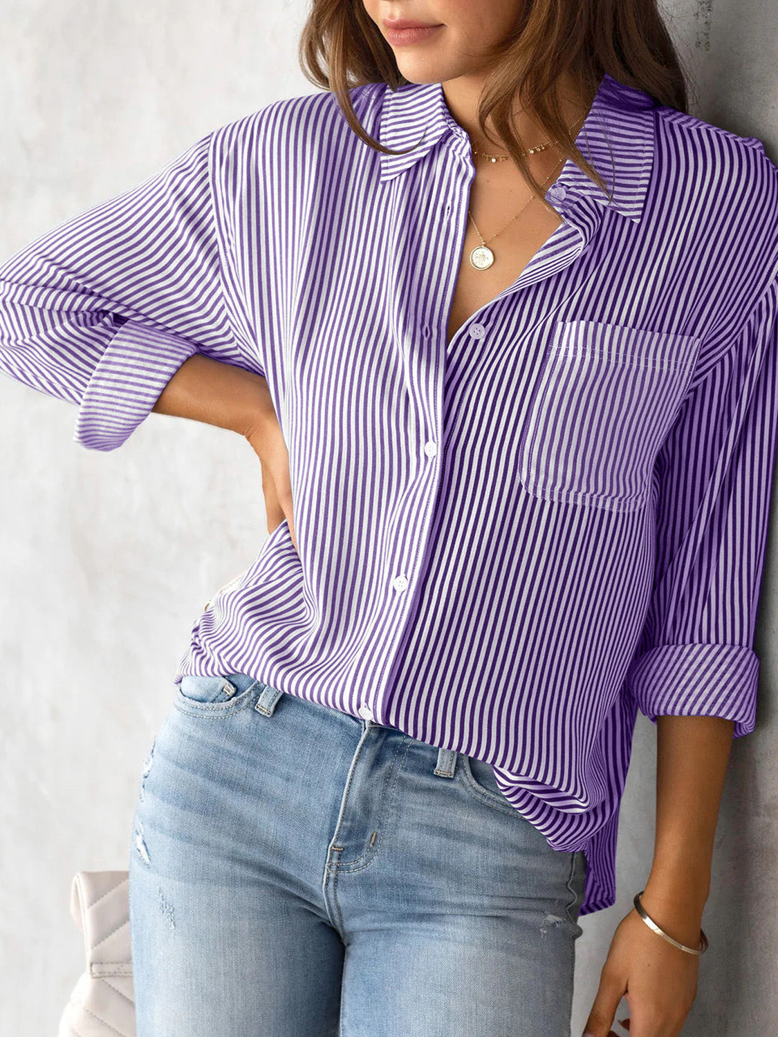 Lovelet Striped Collared Neck Shirt with Pocket - -