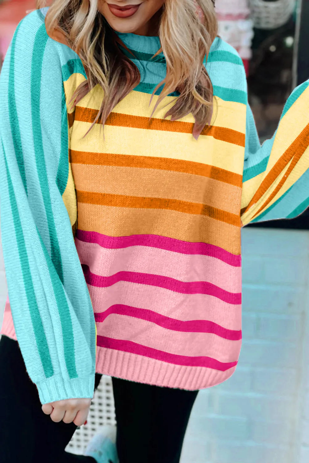 Contrast Striped Round Neck Long Sleeve Knit Top - Turquoise XL -