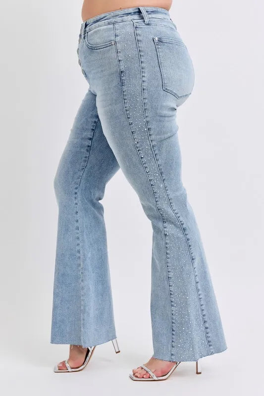 Judy Blue Full Size Mid Rise Rhinestone Side Panel Detail Flare Jeans Plus Size.