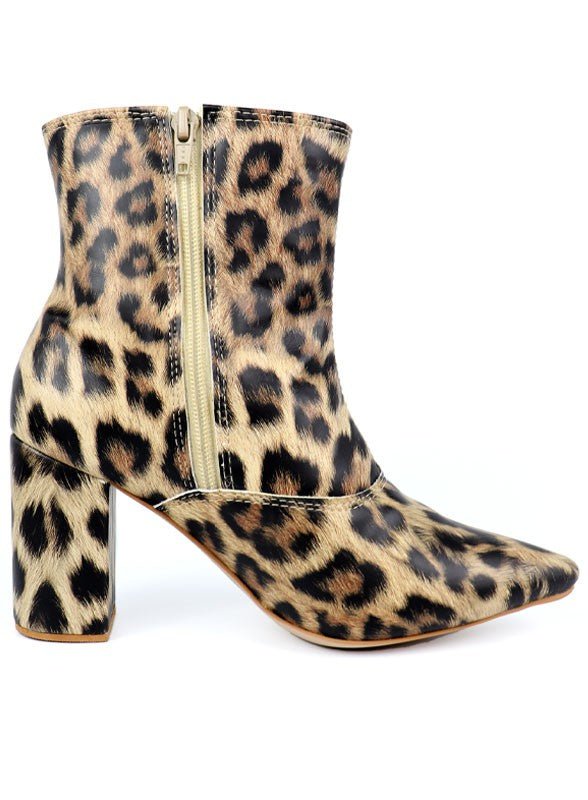 Pointed Toe Bootie with a Block Heel - Leopard -