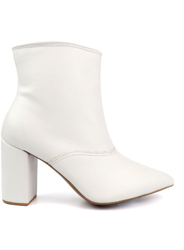 Pointed Toe Bootie with a Block Heel - White -