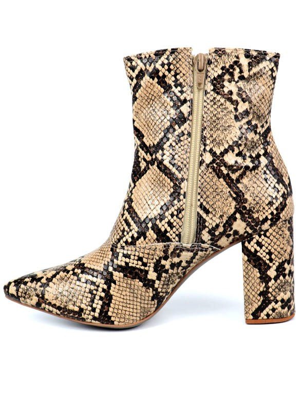 Pointed Toe Bootie with a Block Heel - Snake -