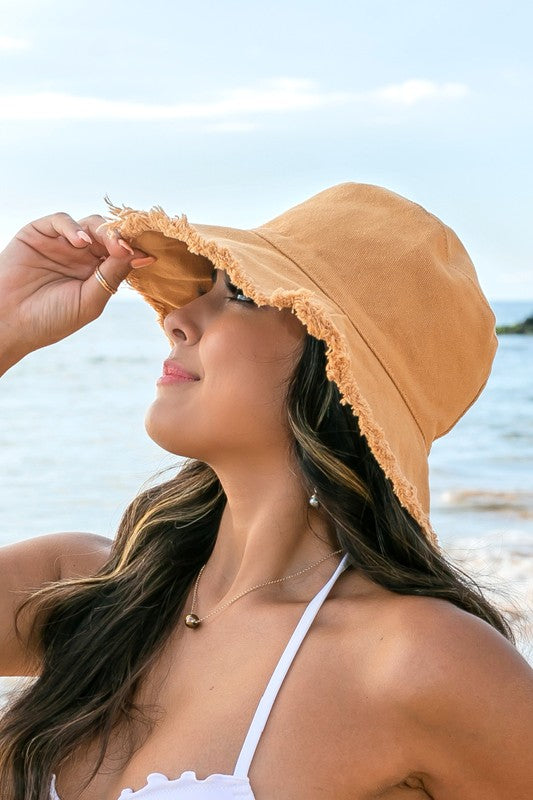 Frayed Edge Canvas Bucket Hat - Camel OneSize -