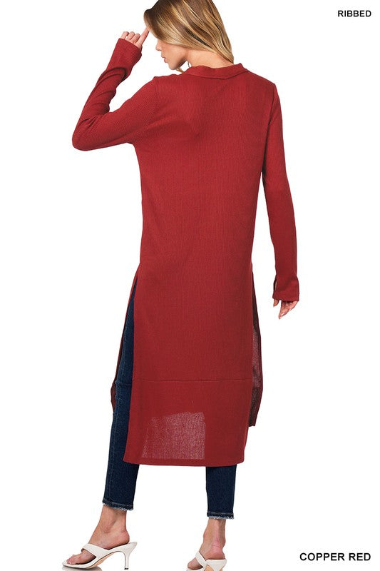 Ribbed Long Cardigan - -