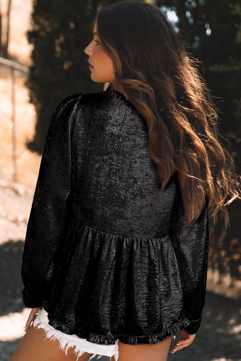 Gold Peplum Blouse – V-Neck Long Sleeve Top with Subtle Shine - -