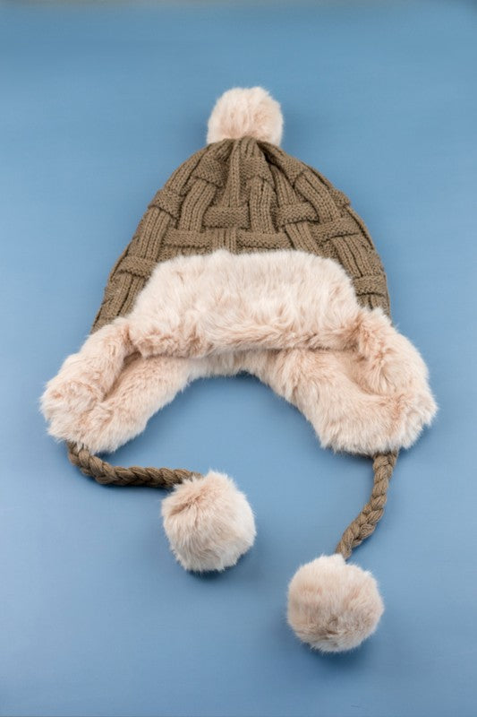 Cable Weave Pom Trapper Hat - -