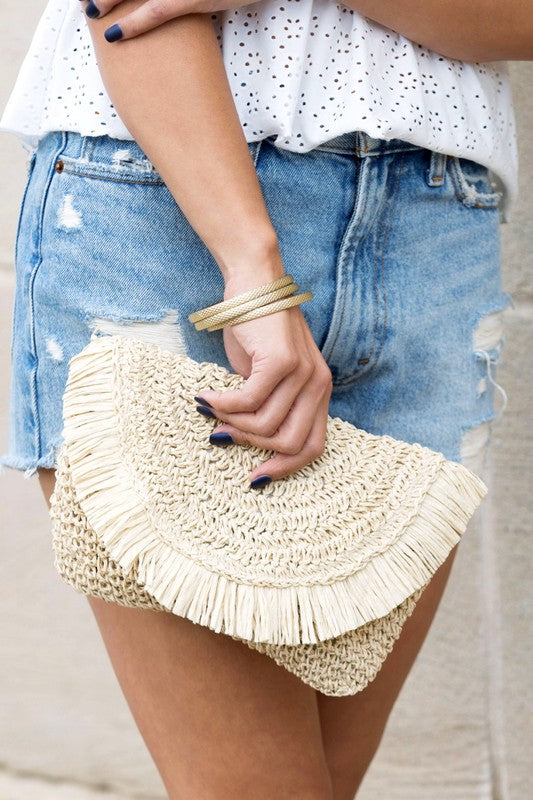 Frayed Fold-over Straw Clutch - -