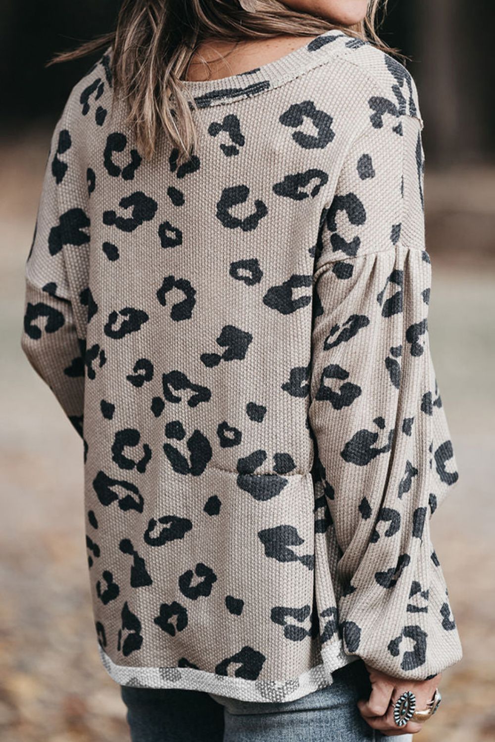 Plus Size Leopard V-Neck Dropped Shoulder T-Shirt - -