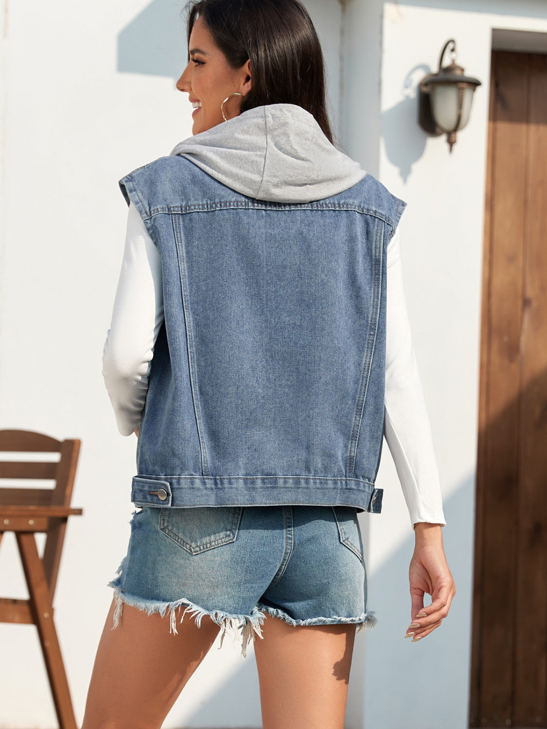 Pocketed Button Up Hooded Denim Jacket - -