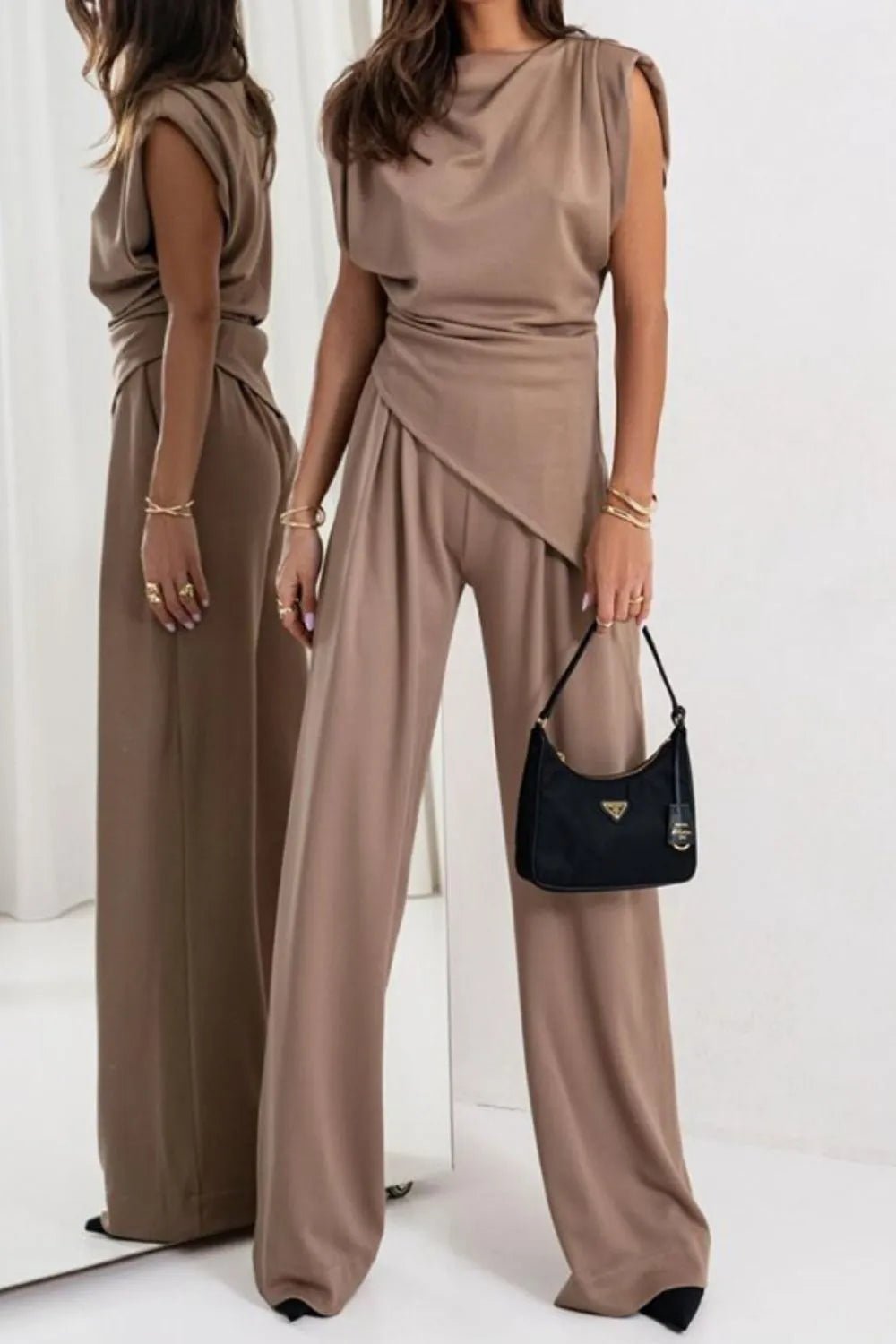 Luxe Asymmetrical Ruched Set - Elevated Wide-Leg Ensemble - Khaki -