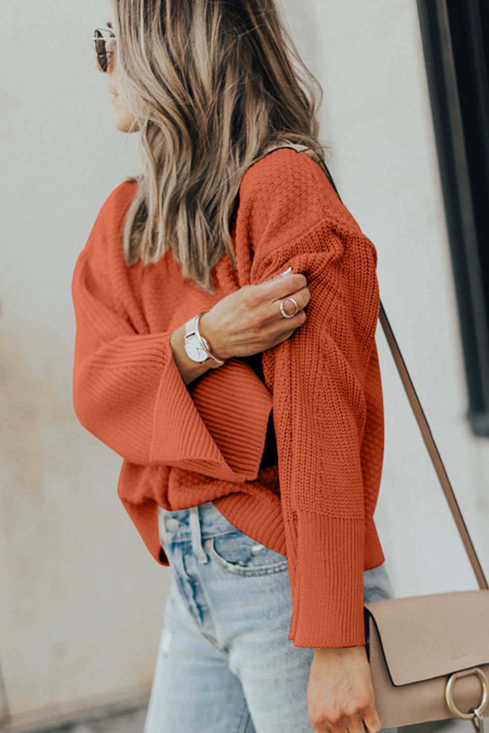 Textured Round Neck Long Sleeve Sweater - -