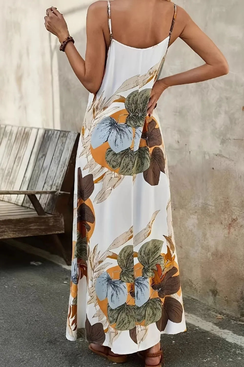 Printed Spaghetti Strap Maxi Dress - -