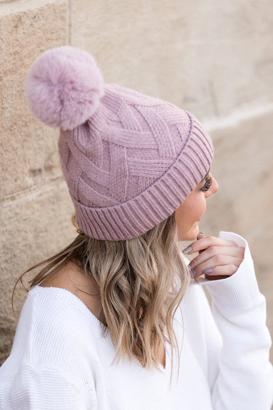 Chunky Knit Fur Pom Beanie - -