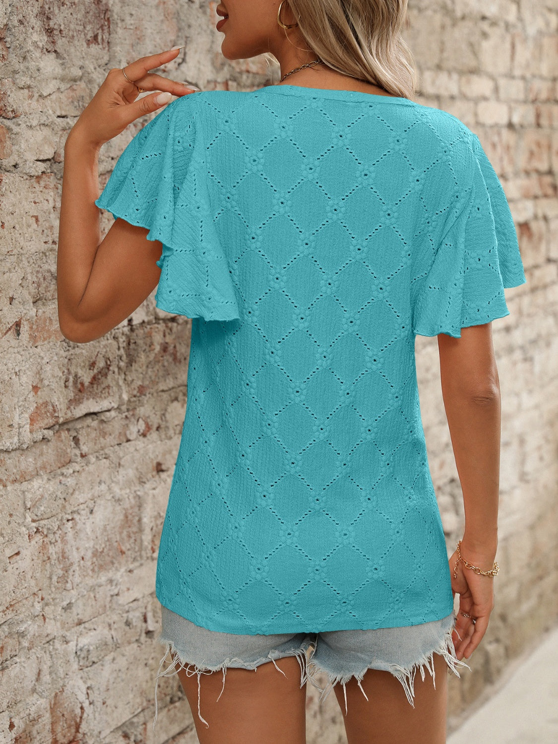 Eyelet Round Neck Flutter Sleeve Top - -