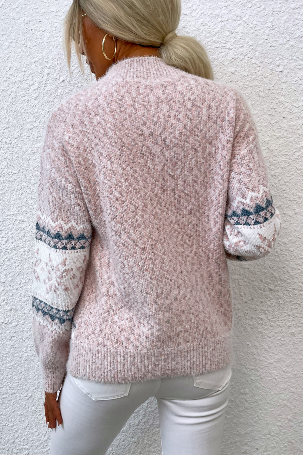 Snowflake Pattern Mock Neck Sweater - -