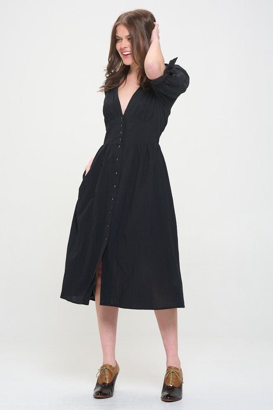 Puff Sleeve Button Down Midi Dress – Vintage Charm - -