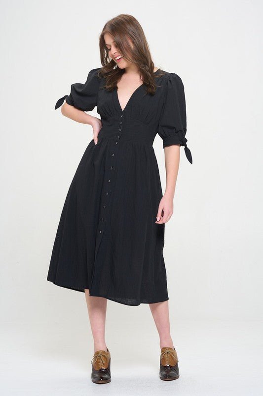 Puff Sleeve Button Down Midi Dress – Vintage Charm - -