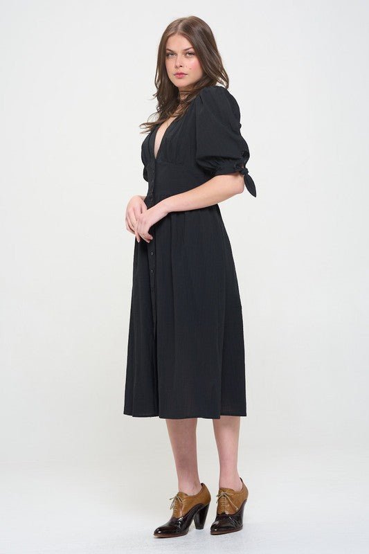 Puff Sleeve Button Down Midi Dress – Vintage Charm - -
