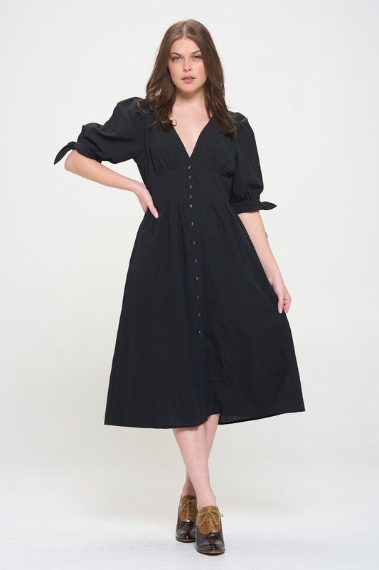 Puff Sleeve Button Down Midi Dress – Vintage Charm - -