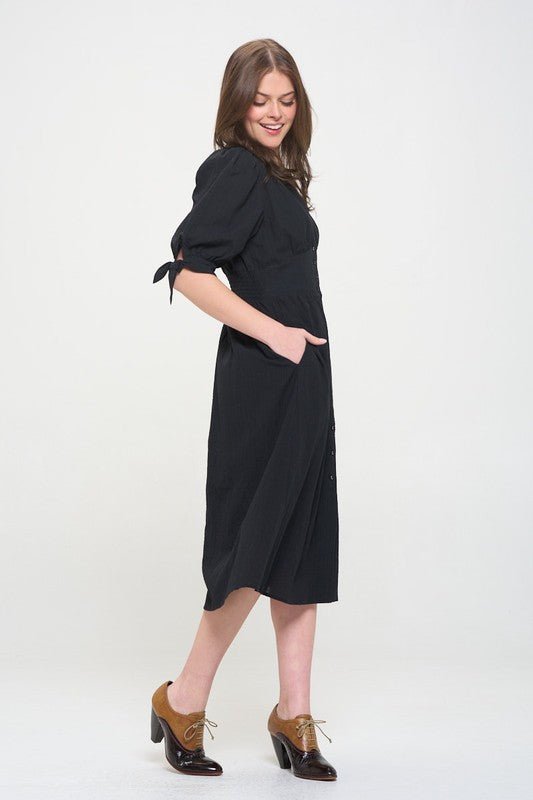 Puff Sleeve Button Down Midi Dress – Vintage Charm - -