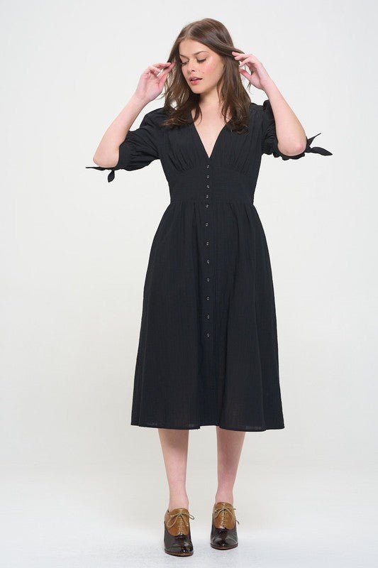 Puff Sleeve Button Down Midi Dress – Vintage Charm - -