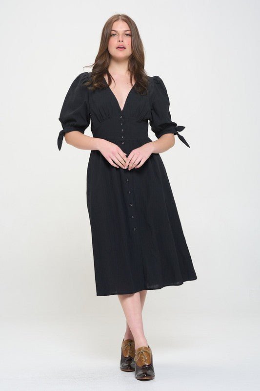 Puff Sleeve Button Down Midi Dress – Vintage Charm - BLACK -