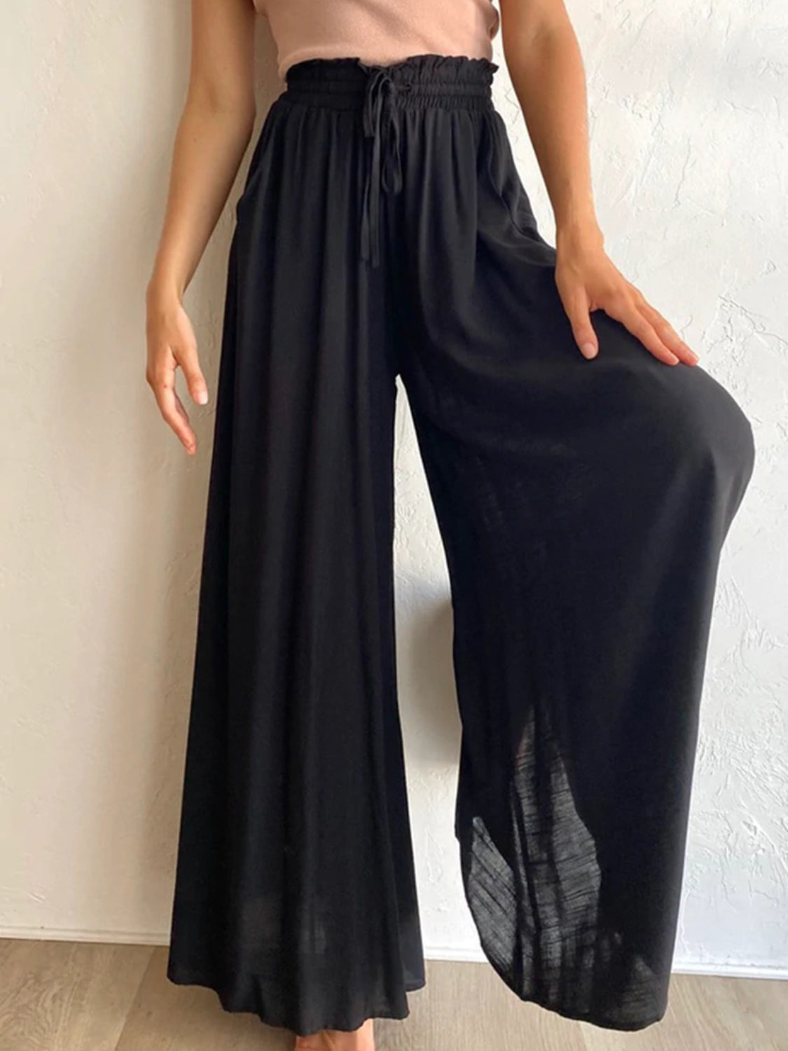 Wide-Leg High Waist Pants – Lightweight, Flowy Fit with Pockets - -