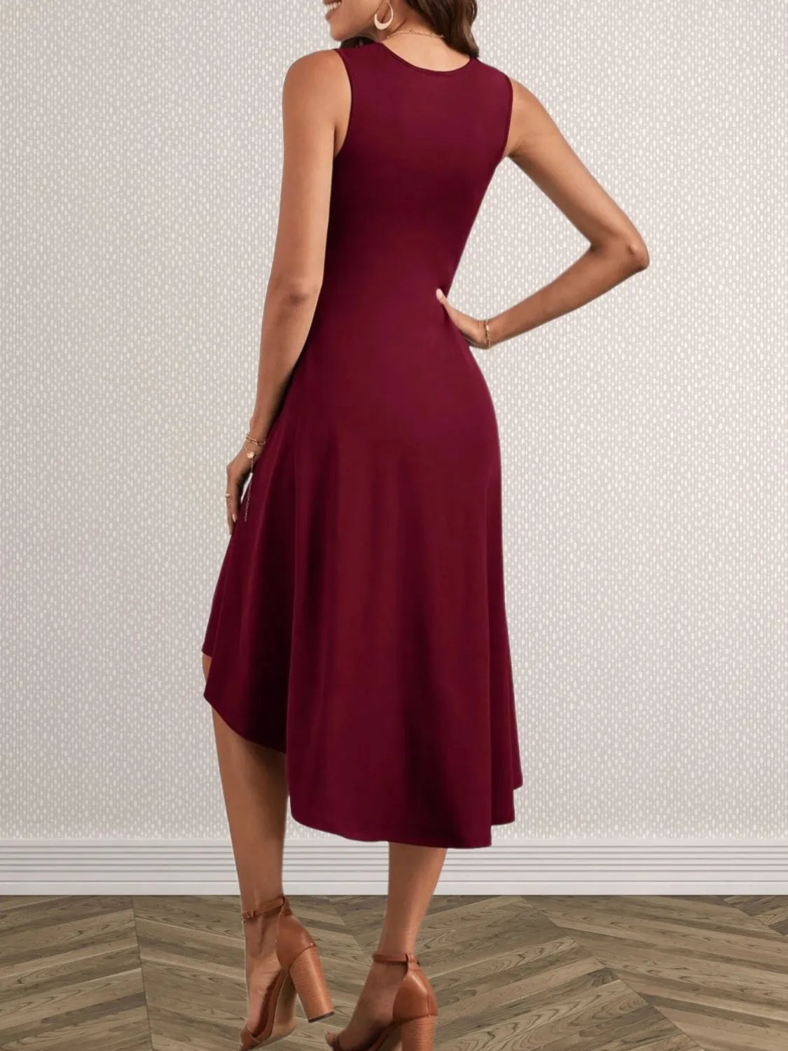 Ruched Round Neck Sleeveless Dress - -